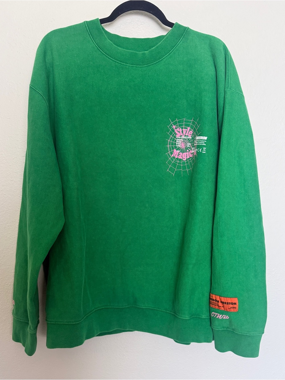 Heron Preston Style Magic Spiderweb Graphic Crewneck Sweatshirt Green L - Picture 4 of 13